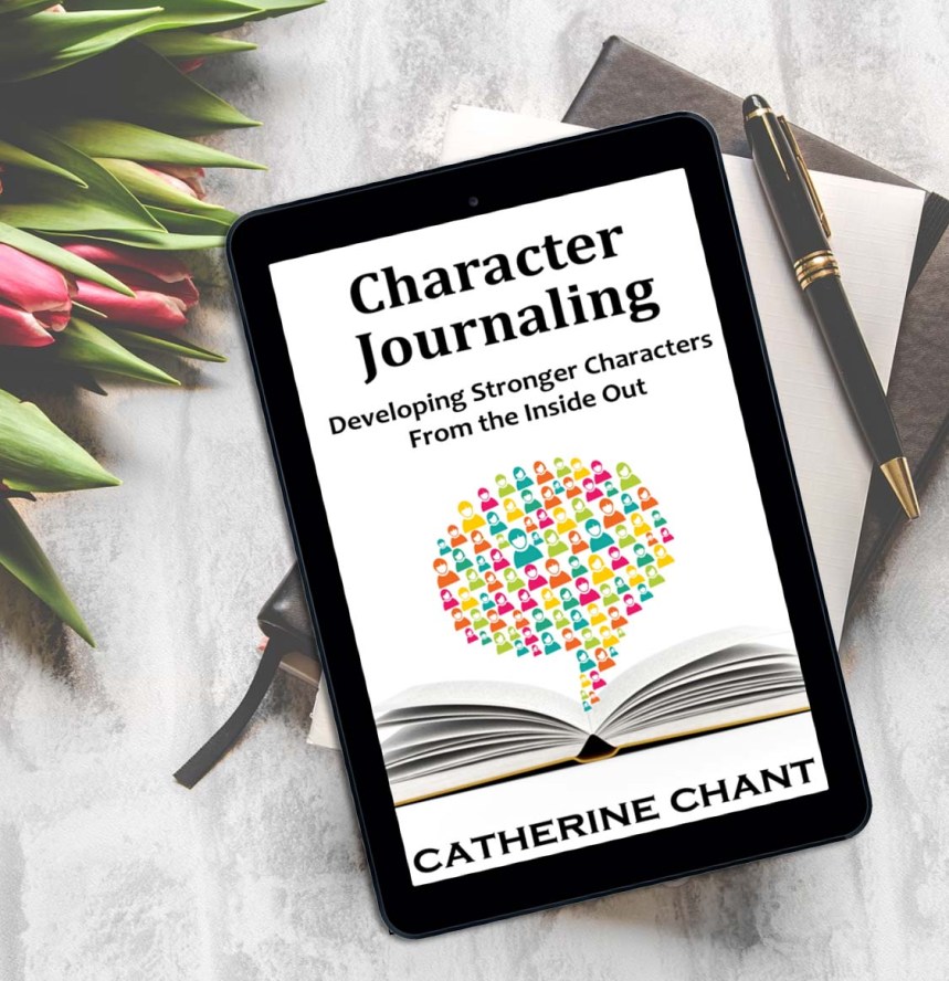 Character Journaling ebook on a tablet on a stack of journals